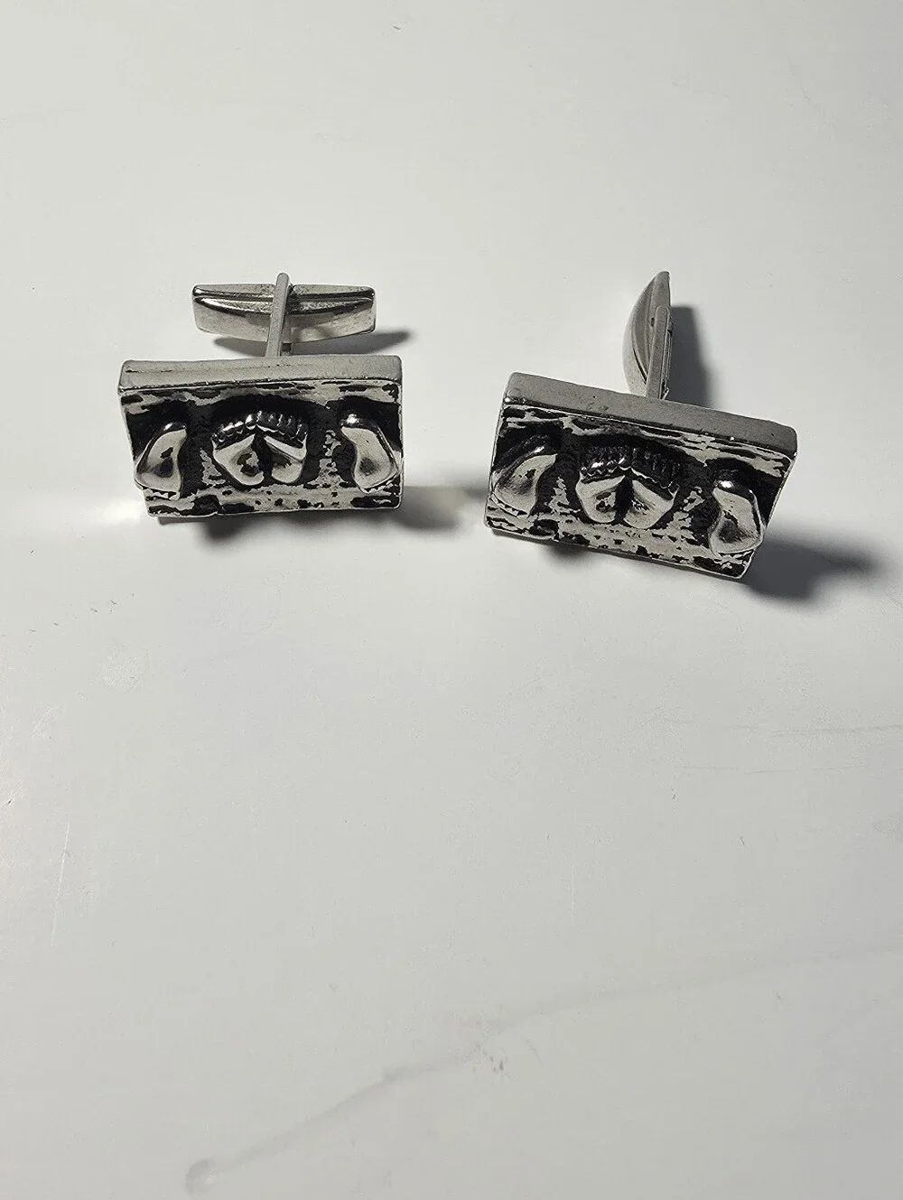 Vtg Silver-Tone Rectangular Men’s Cufflinks with Patterned Relief 